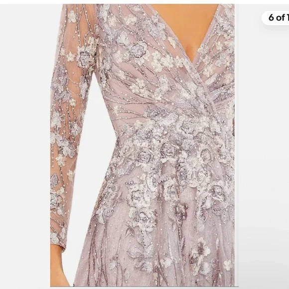 MWT MAC DUGGALEMBROIDERED LACE WRAP OVER ILLUSION LONG SLEEVE LILLAC GOWN